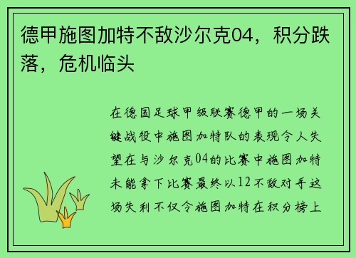德甲施图加特不敌沙尔克04，积分跌落，危机临头