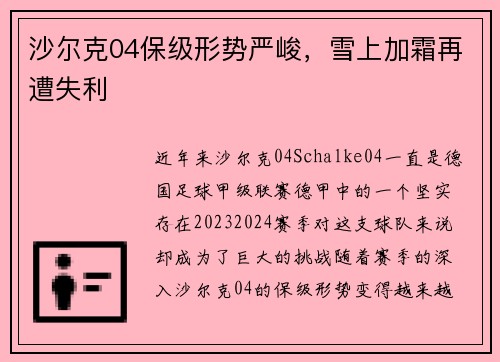 沙尔克04保级形势严峻，雪上加霜再遭失利